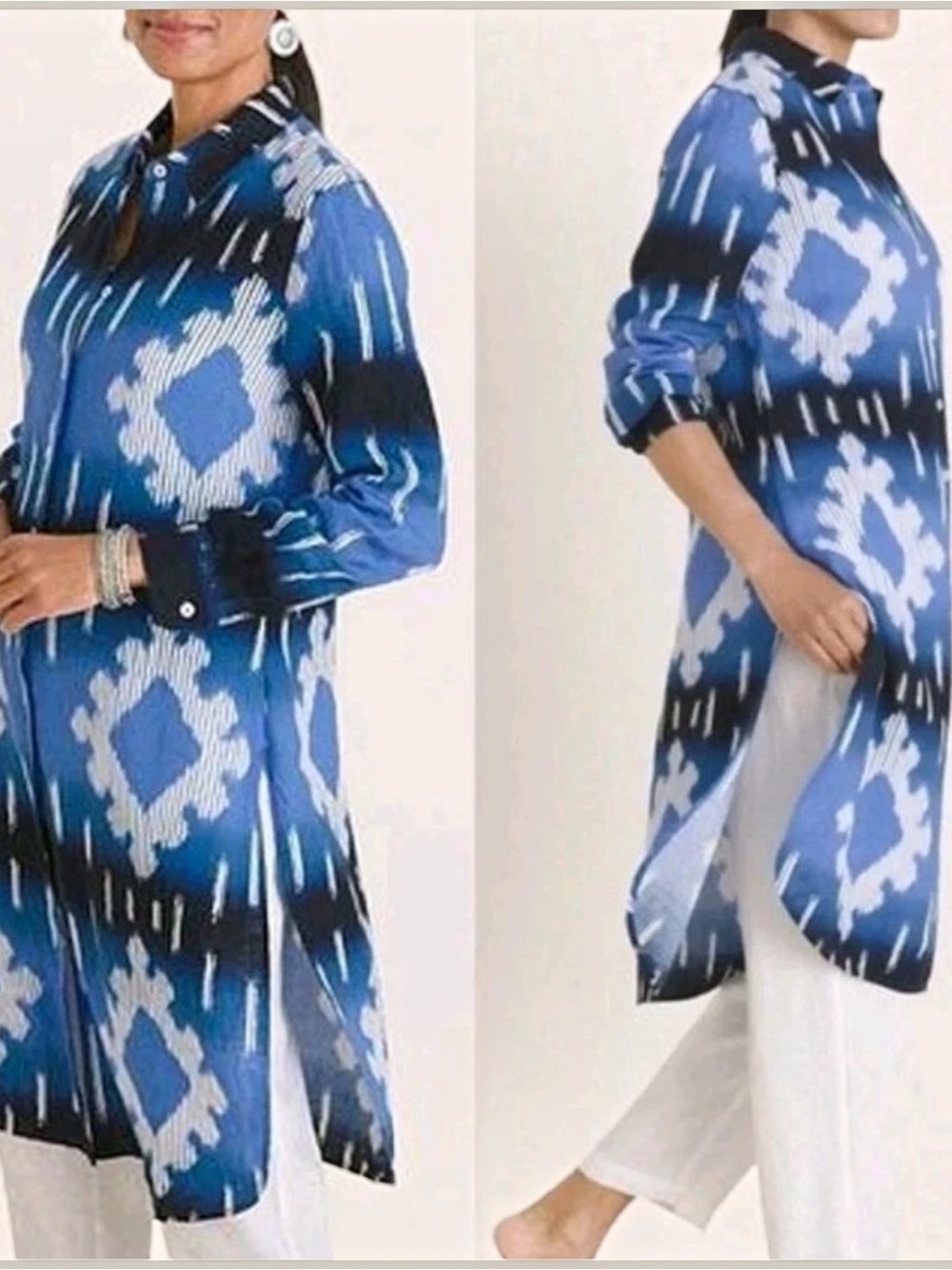 Chico’s Blue Ikat 100% Linen Midi Shirt Dress Tunic Button Front 4 20/22 XXL